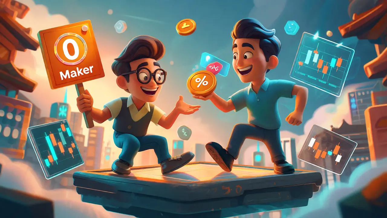 Two animated traders exchanging crypto tokens with fee indicators on a floating platform