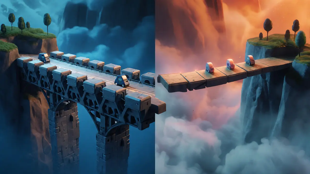 Visual metaphor comparing a stable code bridge to a shaky plank over a misty abyss.