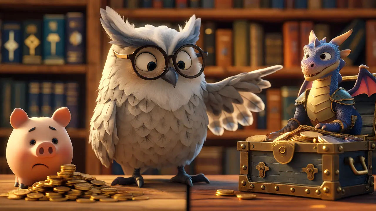Wise owl comparing small piles of coins to a treasure chest